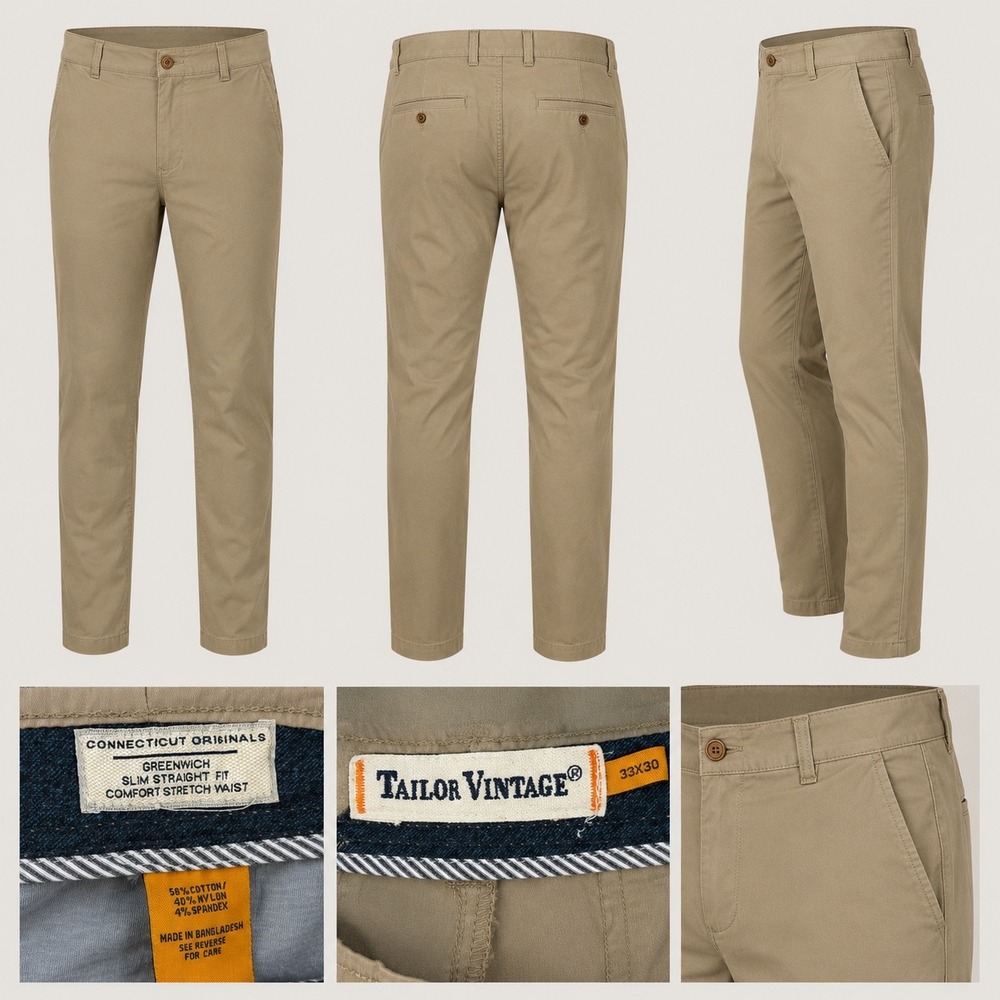 Tailor Vintage Greenwich Slim Straight Pants Mens 33x30 Tan Khaki Stretch Chino